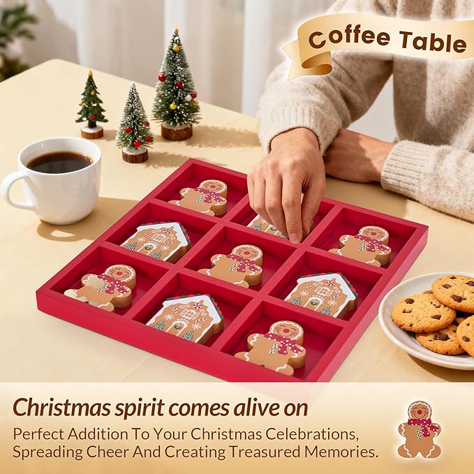 GENMOUS Christmas Tic Tac Toe Game Board Indoor Game, 10.6 Inch Rustic Giant Tic Tac Toe with Gingerbread Man and Igloo, Xmas Coffee Table Decor, Fun for Home Room Holiday Decorations