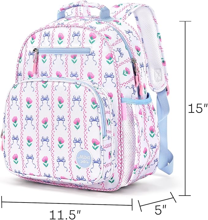 mibasies Kids Backpack for Girls: Girls Backpack 5-8 - Kindergarten Elementary School Bookbag for Girl - Bowknot Rose Sky Blue