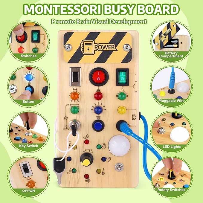 Busy Board with led Light, Sorting Sensory Travel Toys for Toddlers 1-3, Wooden Toddler Busy Board Montessori Toys for 1+ Year Old