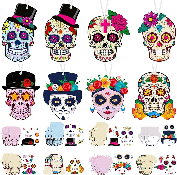 Sumind 24 Sets Day of Dead Decorations Sugar Skull Crafts Kits for Kids Dia De Los Muertos Decor Halloween Ghost Ornaments Halloween Day of Dead Fiesta Party Supplies Fun Home Activities Classroom