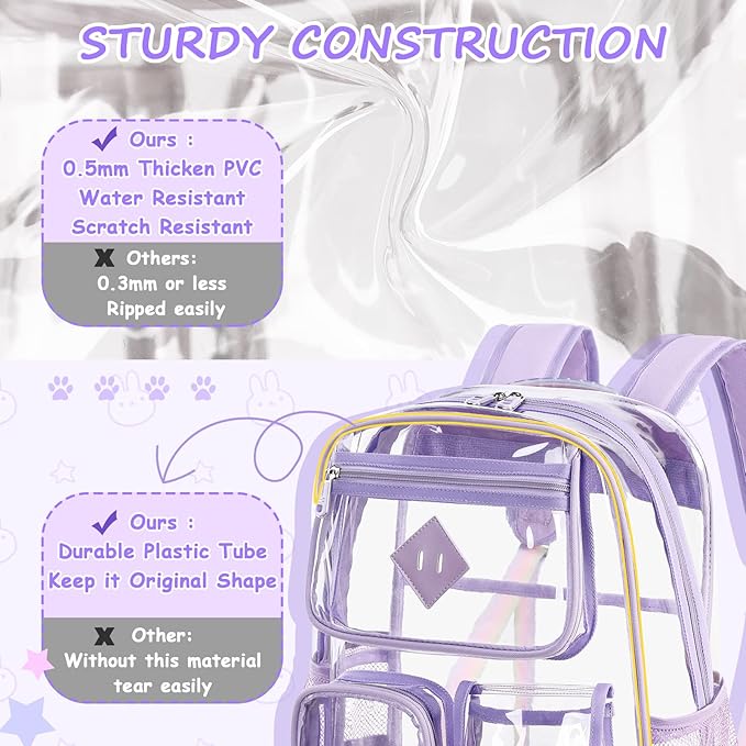 Clear Backpack for School,Heavy Duty PVC Transparent Bookbag for Girls Stadium Approved See Through Backpack