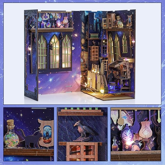 DIY Book Nook Kit for Adults - Magic Alley Miniature House Diorama, 3D Wooden Puzzle Bookend Bookshelf Insert Decor with LED Light, Wizard-Themed Miniature Kit Gifts for Fantasy Lovers