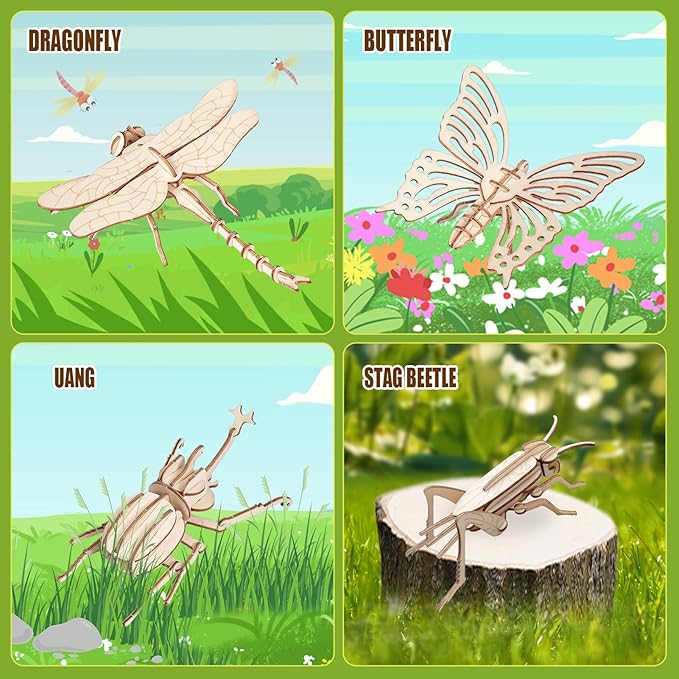 ELX Wooden 3D Puzzles for Kids 6+, 8 Piece Set Insect Animal Models, Wood Building Kits DIY Wooden Crafts Stem Toys peresents for Kids and Adults
