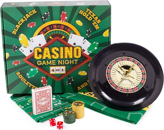 Brybelly Casino Night 4-in-1 Complete Game Set with Felts, Wheel, 100 Chips, Dice & Cards for Blackjack, Craps, Roulette & Texas Hold'em - Green Felt Double Sided Casino Tabletop Gaming Mat