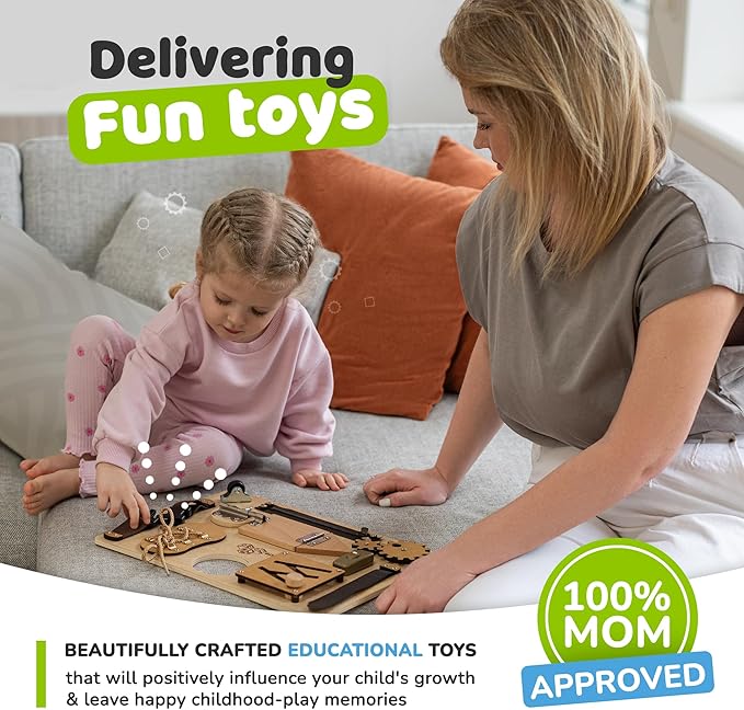 Montessori Busy Board for Toddlers, Premium Wooden Toddler Busy Board for 1 2 3 Year Old with 10 Educational Activities for Fine Motor Skills, Sensory Activity Toy for Travel, Gift for Boys & Girls