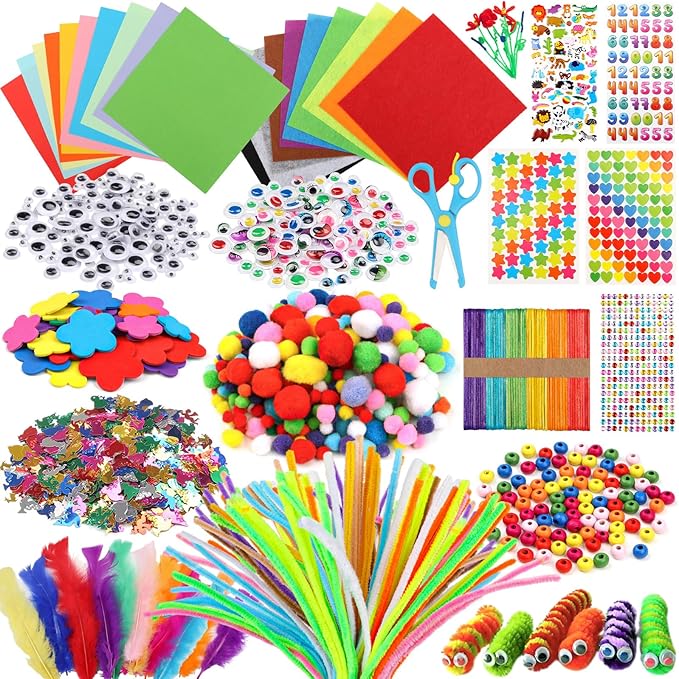 DOITEM Pipe Cleaners Craft Supplies, 1500+Pcs Arts and Crafts Supplies Including Pipe Cleaner Wiggle Googly Eyes Pom Poms Feathers Sticks Sequins Foam Flowers Papers Felt Stickers