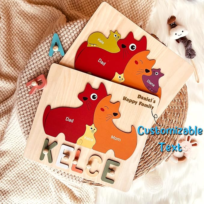 Personalized Baby Name Puzzle | Custom Wooden Baby Toy for Toddlers 1-3 | Montessori Learning Toys for Boys & Girls | Perfect Kids Gift for First Birthdays & Christmas (Cats)