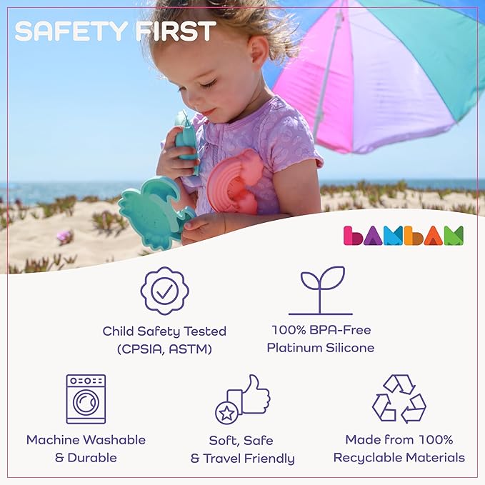 BAMBAM Baby โ Premium Silicone Beach Toys for Toddlers & Baby | 100% BPA Free, Safety Tested | 8 Piece Sand Bucket Set for Kids Ages 6 Months and Up (Beach Blue)
