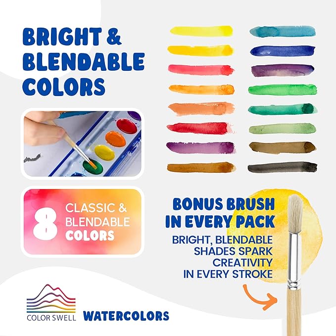 Color Swell 6 Pack Bulk Watercolor Paint Pack with Wood Brushes 8 Colors Washable Water Colors Great for Kids, Parties, Students, All Ages