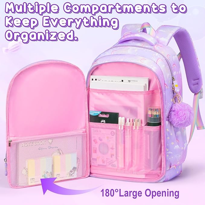 Fimibuke Kids Backpack for Girls, 3PCS Rainbow & Butterflies Teen Girls Backpack with Lunch Box & Pencil Case, Cute Pink Bookbag School Bag for Kindergarten Elementary Middle School Student Ages 5+
