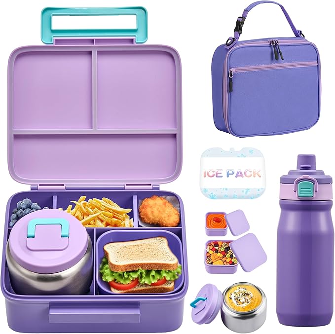 MAISON HUIS Kids Bento Box Set - Includes 8oz Soup Thermo, Insulated Lunch Bag & 17oz Stainless Steel Water Bottle, 5-Compartment Bento Box with Built-In Ice Pack, Leak-Proof & BPA-Free(Purple)
