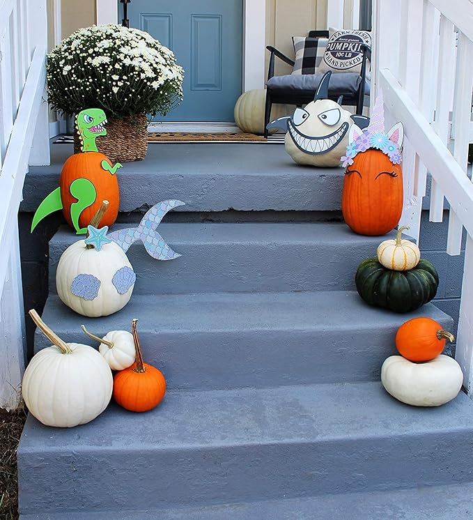 Decorae Pumpkin Kit Sets (Shark and Dinosaur Theme), 13 Reusable Metal Accessories for Halloween Fall Pumpkin Face Decorating
