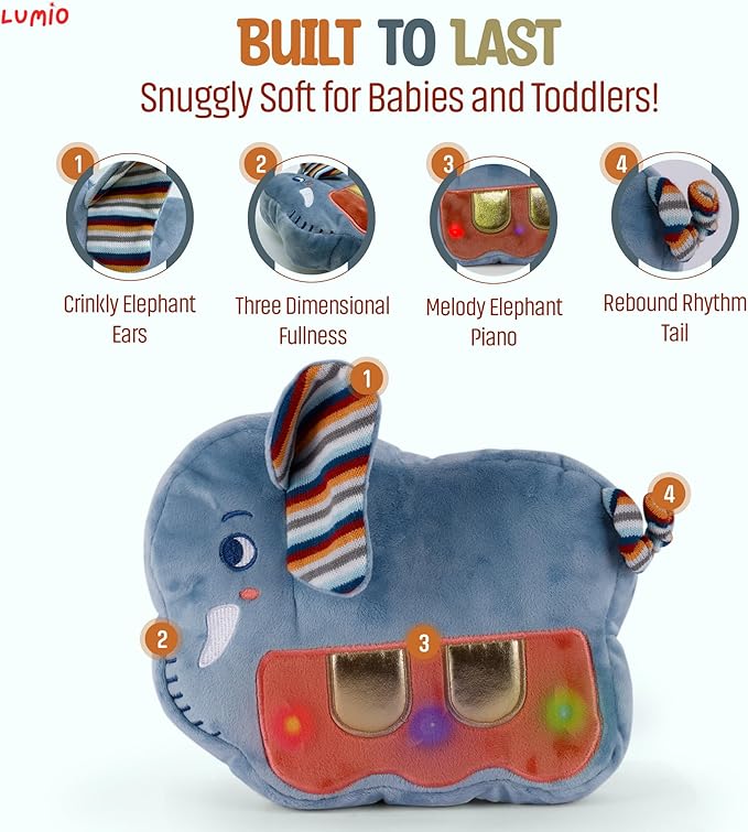 Lumio Interactive Musical Plush Toy with Lights and Drum Sounds - Sensory Toy for 3 6 9 12-18 Months and up, Perfect for Tummy Time Rhythm Learning (Piano)