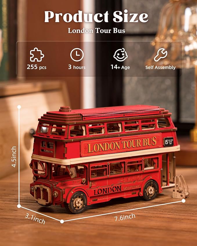 Rolife 3D Wooden Puzzles London Tour Bus 4.4" Wood Model Toy Car to Build Crafts for Adults Collectibles Gifts for Adults