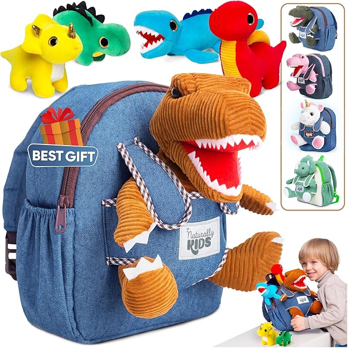 Toddler Dinosaur Backpack w Plush Dinosaur Toys for Kids 2-5, Gifts for 2-5 Year Old Boys, Girls