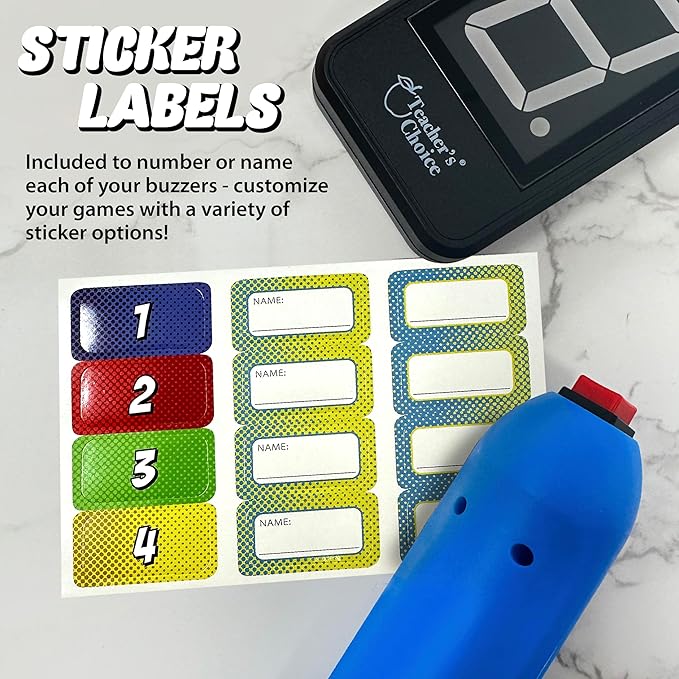 Teacher's Choice 4 Player Wireless Handheld Game Buzzer System - Displays First Buzz-in - Great for Jeopardy, Family Feud, Trivia and Buzzer Games - Console with 4 Joystick Buzzers, 4 Unique Sounds