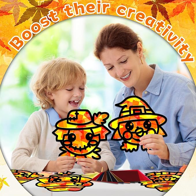 QOUBAI 32 Sets Fall Scarecrow Suncatchers Craft Kit DIY Window Stained Glass Effect Autumn Scarecrow Paper Crafts Home School Classroom Decoration Kid Birthday Gift Creative Art Project Activity Game