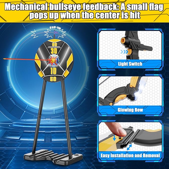 TIGTECGAME 2 Pack Bow and Arrow for Kids, LED Light Up Archery Set with 20 Suction Cup Arrows, 1 Standing Target with Flag Score, Indoor Outdoor Play Sport Toys Gifts for Kids, Boys & Girls Ages 3-12
