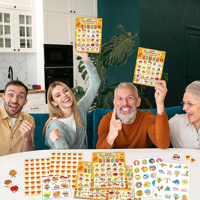 24 Players Thanksgiving Bingo Cards, Thanksgiving Bingo Game for Kids with Punny Stickers Fall Festival Bingo Sets Classroom Family Party Game Holiday Activities