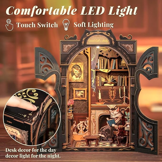 Fsolis Book Nook Kit DIY Scene Miniature Dollhouse Kit, 3D Puzzles for Adults, 108 Wooden Pieces, Bookshelf Decor Tiny House Mini Booknook Craft, Gift for Women Scale Model Lovers (Count Cat's Study)