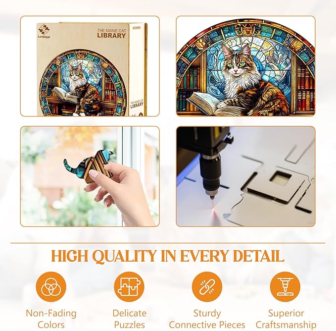 Wooden Puzzles for Adults, Wooden Jigsaw Puzzles for Adults Kids, The Maine Cat Library Unique Shaped Wood Puzzles Adult, Creative Birthday Gifts for Friends Family Game (11.4 * 11.4in 200pcs)