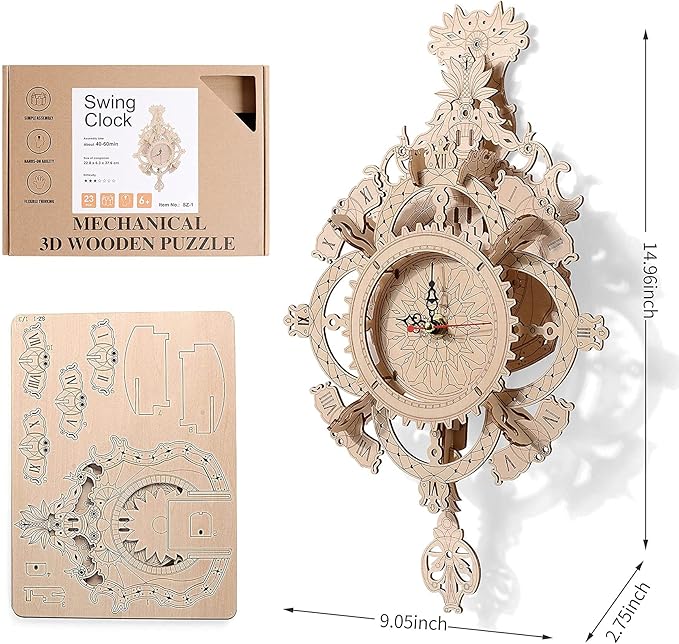 3D Wooden Puzzle Clock Kit DIY Mechanical Wall Clock Hanging Pendulum Gift for Adults & Teens