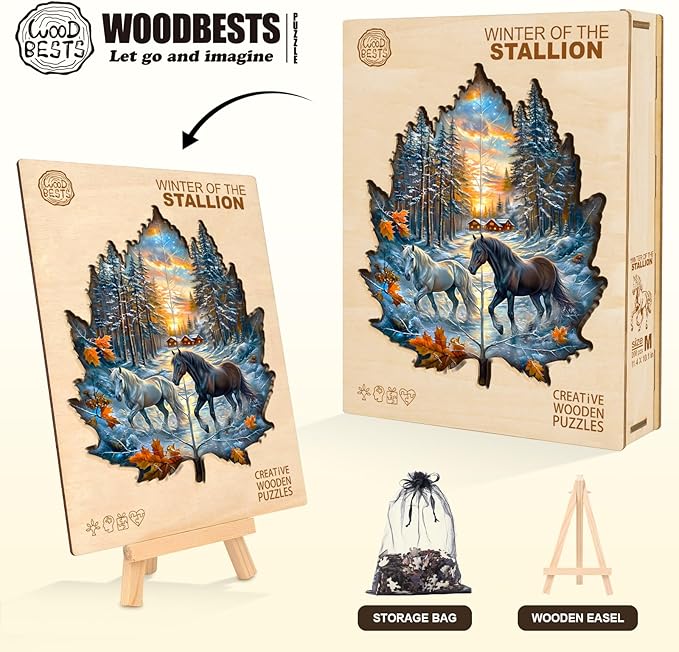 Wooden Puzzle for Adults-Wooden Puzzle Unique Shape Advanced Winter of The Stallion Wooden Jigsaw Puzzle for Adult, Wood Puzzles,Challenge Wooden Jigsaw Puzzle(M-11.4 * 10.1in 200pcs)