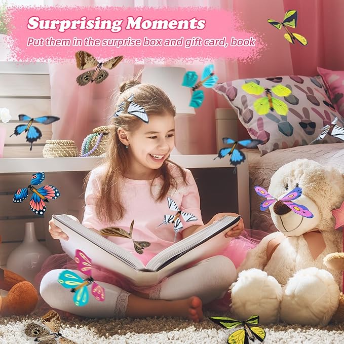 36 Pack Painting Butterfly Craft Kit for Kids, 24 Paper Butterflies and 12 Color Pens, Rubber Band Wind Up Butterfly Toy, Make Your Own Magic Flying Butterflies, School Activity,Surprise Card