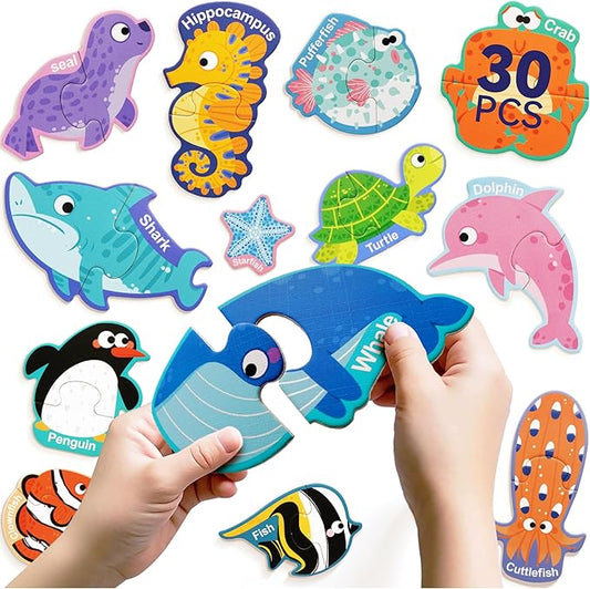 Dotimo 30 pcs Magnetic Puzzle of Fun Ocean Animals - Colorful Puzzles for Kids Aged 3+ - A Magnetic Educational Learning Toy for Toddlers Aged 3-5 to Develop Hand-Eye Coordination