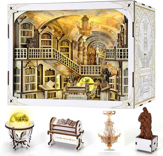 DIY Book Nook Kit for Adults, 3D Wooden Puzzle Bookend Bookshelf Insert Decor with LED Light and Dust Cover (Library of Gods Max)