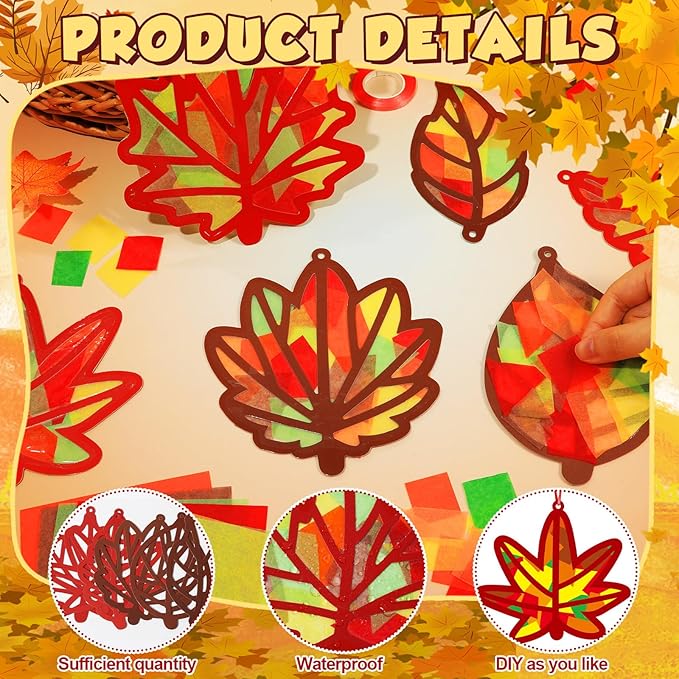 36 Set Fall Maple Leaves Suncatchers Crafts for Kids DIY Autumn Window Tissue Paper Crafts Kit Thanksgiving Maple Hanging Decor for Fall School Home Activity Art Project Birthday Party Favor Gift