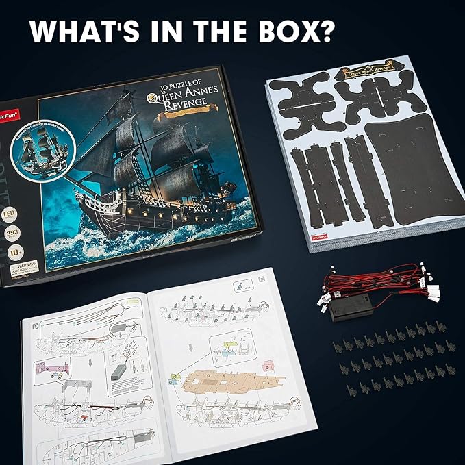 3D Puzzle for Adults Moveable LED Pirate Ship with Detailed Interior Decoration, Large Queen Anne's Revenge Desk Puzzles, Difficult 3D Puzzles with Lights Gifts for Men Women