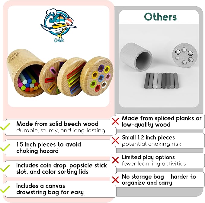 OAR Montessori Toys for Toddlers 1-3 โ 3 in 1 Wooden Fine Motor Skills Toy Set | Color Sorting, Coin Drop, Sensory Learning | Educational Beech Wood Toys for Boys and Girls