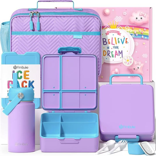 Fimibuke Kids Bento Lunch Box with 4 Compartments, Insulated lunch Bag, Stainless Steel Insulated Water Bottle, Ice Pack & Utensils Set, Birthday Gifts for Ages 3-12 Back to School Toddler Girls Boys