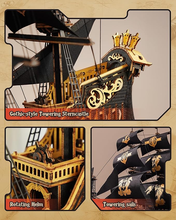 ROBOTIME Seahorse 3D Wooden Puzzles for Adults, Black Sailboat Model Kits for Boys and Men, Home Office Decor Gifts Pirate Ship Building (603 Pcs)