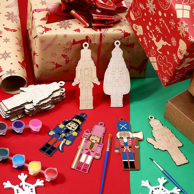 60 Pcs Wood Christmas Crafts for Kids DIY Paint Xmas Ornaments Blank Unfinished Wooden Cutouts Shapes Slices Hanging Embellishment for Christmas Tree Holiday Party Decor(Nutcracker)