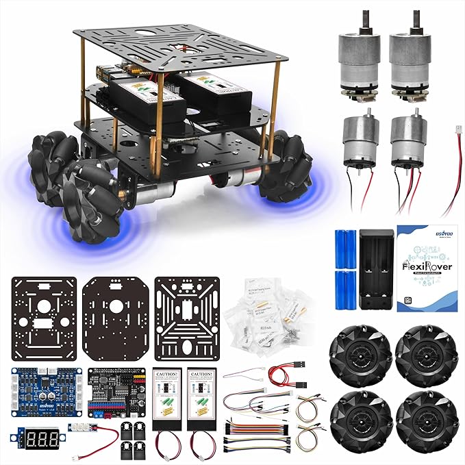 OSOYOO FlexiRover Robot Car Kit for Raspberry Pi – Compatible with Pi 2/3/4/5, 520 Motors with Encoders, Mecanum Wheels, Servo Support, and High-Capacity Battery System (No Raspberry Pi Included)