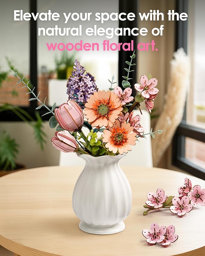 Rowood 3D Puzzles for Adults,DIY Wooden Cherry Blossom Bonsai Tree Botanical Collection Building Craft Kits for Women,Christmas/Birthday Gift- Sakura