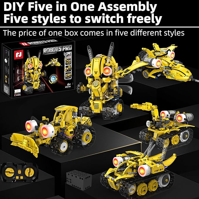STEM Building Toys for Kids 6-14,5-in-1 Remote & App Controlled Construction Bumblebee Warrior/Powerful Iron Hand/Bulldozer/Hornet Jet/Tracked Vehicle,673 Pcs Building Blocks Set for Boys Girls