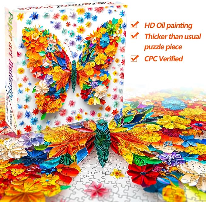 Bgraamiens Paper Art Butterfly-1000 Pieces Paper Flower Butterfly Puzzle for Adults, Unique Flowers Art, Wall Decoration for Home and Office
