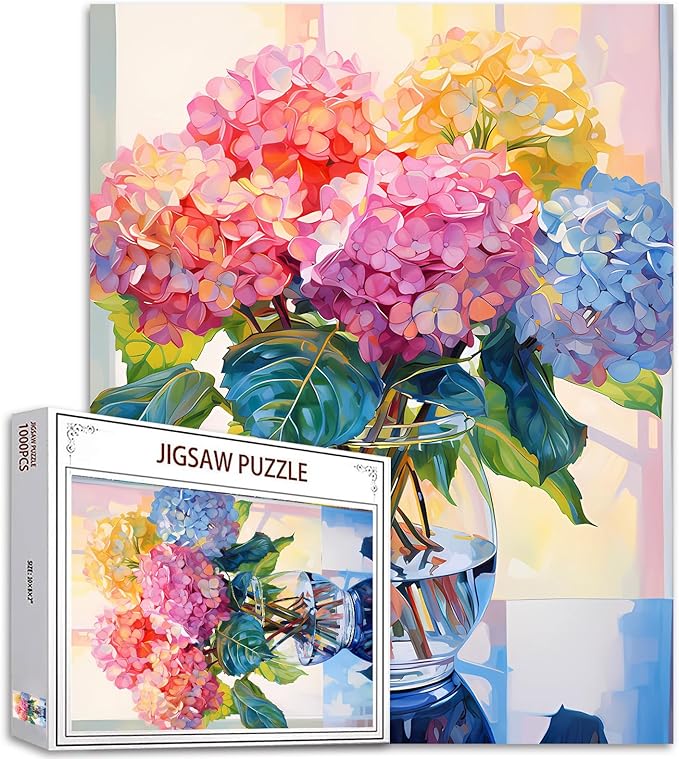 Hydrangea in Glass Vase Jigsaw Puzzle 1000 Pieces Puzzles for Adults, Blossom Flowers Jigsaw Puzzles for Challenging Family Activity Games DIY Puzzle for Home Wall Decor Gifts - 20 x 27 Inches