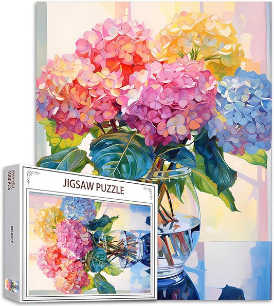 Hydrangea in Glass Vase Jigsaw Puzzle 1000 Pieces Puzzles for Adults, Blossom Flowers Jigsaw Puzzles for Challenging Family Activity Games DIY Puzzle for Home Wall Decor Gifts - 20 x 27 Inches