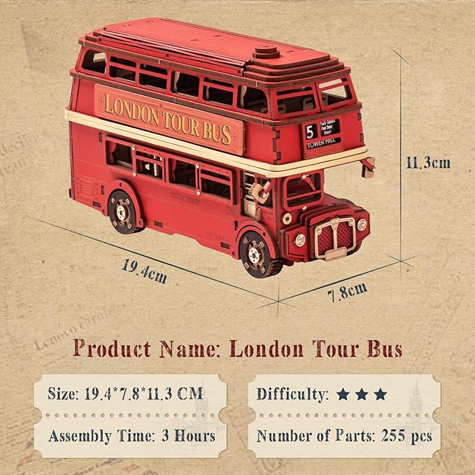 rowood 3D Puzzles for Adults,DIY Bus Toy Wooden Model Kit Building Set,Birthday/Christmas Gift for Adults-London Bus