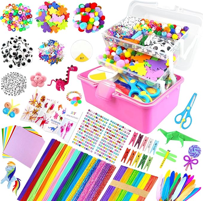 3000Pcs Arts and Crafts Supplies for Kids Craft Kits with Pipe Cleaners Crafting Supply All in 3 Layered Craft Box DIY Crafts for Kids Ages 4-8 8-12 Homeschool Supplies Toys Gifts for Girls & Boys