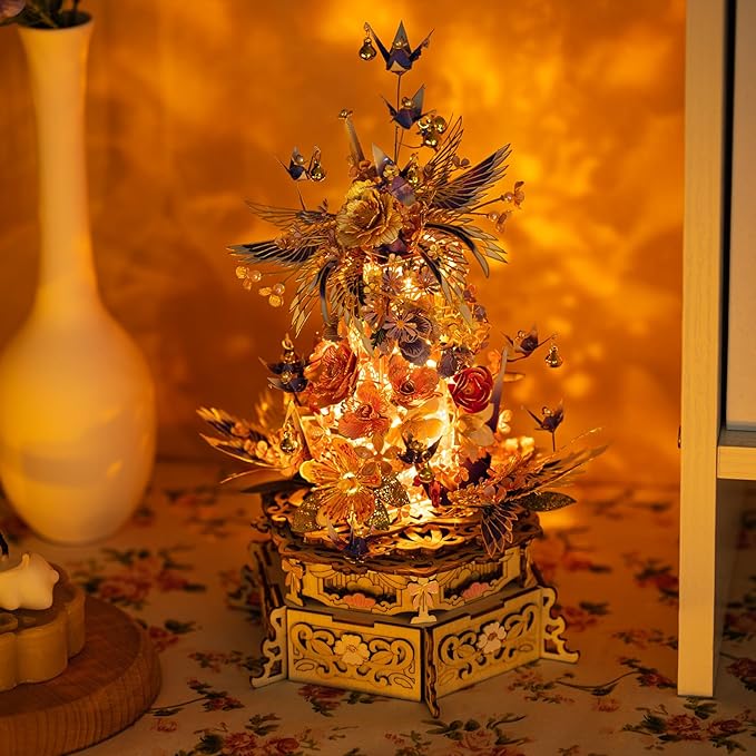 MU 3D Wood and Metal Puzzles Feast of Flower for Adults, Model Kits Building Night Light Puzzle DIY Set, New Year and Birthday Xmas Gift Home Decor