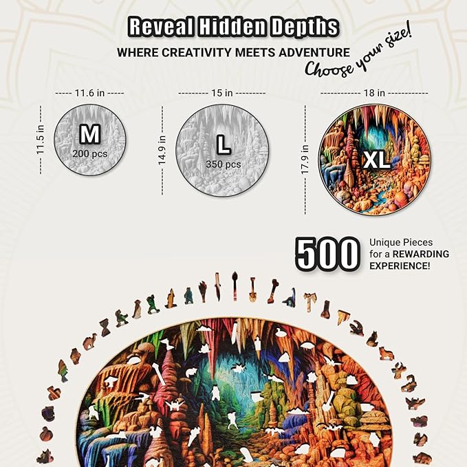 LEOGOR Wooden Jigsaw Puzzles for Adults 500 Pieces (18x17.9 in), Large High End Round 3D Vision Cave Puzzle with Mosaic Shapes, Thick 5mm Wood, Difficult Brain Teaser, Premium Puzzle Gifts for Adults