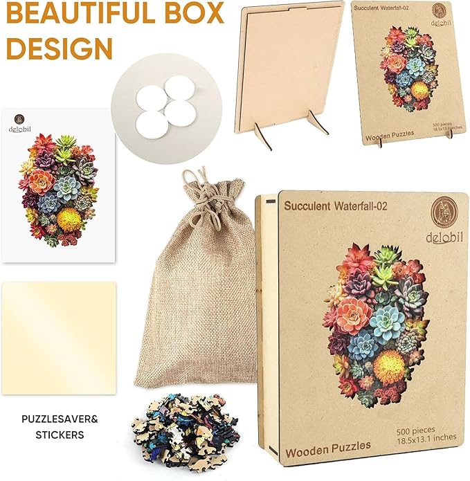 delobi Succulent Waterfall Wooden Puzzles, 500 Pieces Jigsaw Puzzles 18.5'' x13.1'', Unique Design Liberty Wooden Puzzles for Adults and Kids, Family Game Gift Royal Size