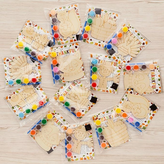 Fall Thanksgiving Crafts for Kids - 24 PCS DIY Wood Magnet Painting Kit with Cards - Thanksgiving Classroom Activities, Autumn Holiday Decorations, Fall Goodie Bag Favors for Boys & Girls
