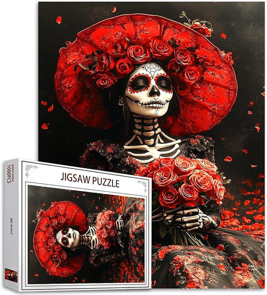 Tucocoo Day of The Dead Jigsaw Puzzle 1000 Pieces Puzzles for Adults, Red Roses Skeleton Woman Flowers Art Puzzles for Challenging Family Activity Games DIY Craft Puzzle for Home Wall Decor Gifts