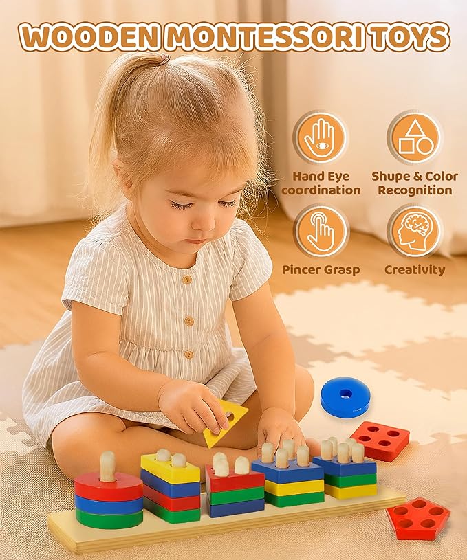 Montessori Wooden Shape Sorter Toy for Toddlers 1-3 – Multicolor Color Sorting & Stacking Toys, Educational Early Learning Sensory Toy, Fun Preschool Gift for 2 Year Olds